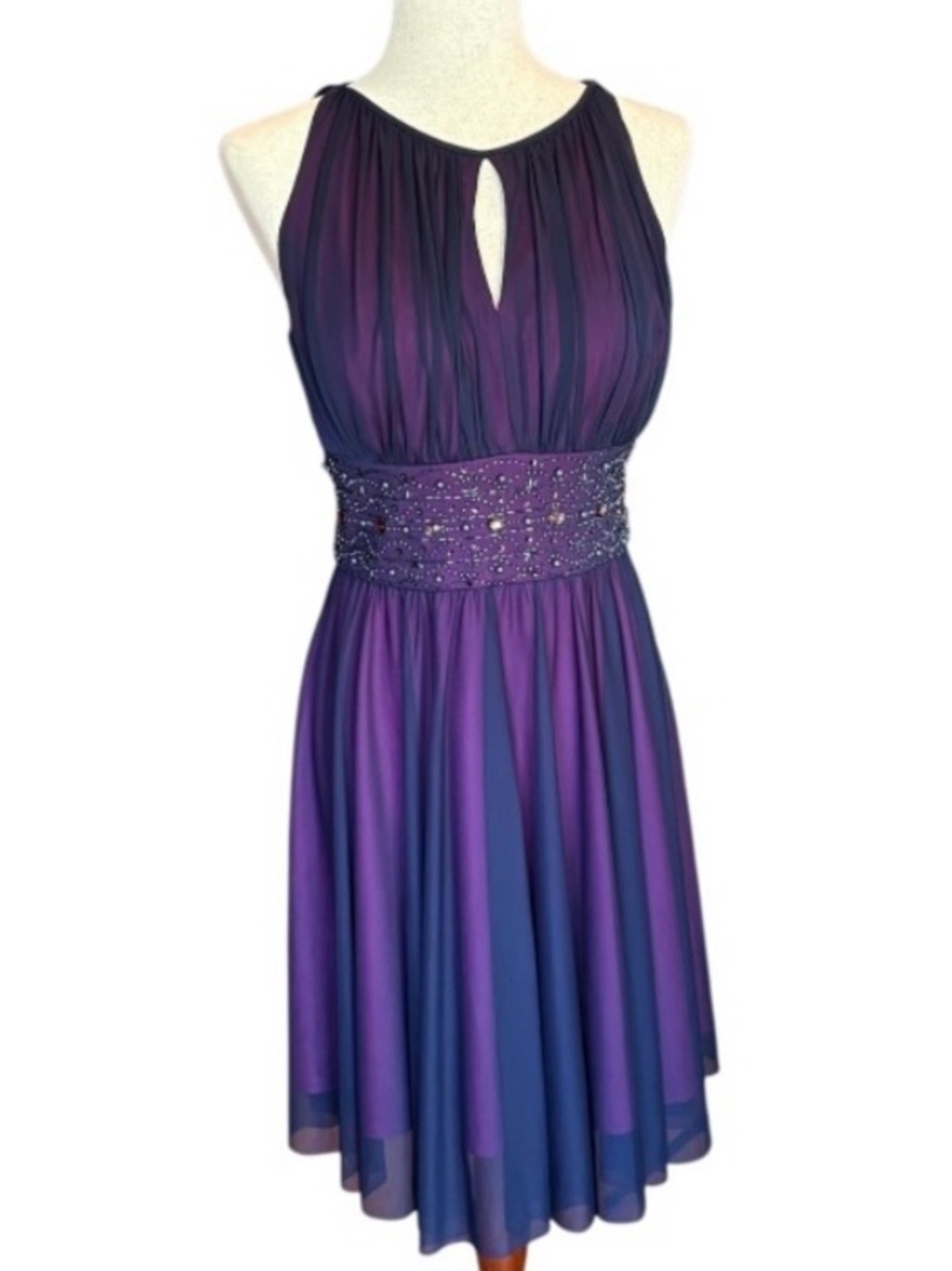 Jessica Howard Dark Purple Dress with Beaded Embellishments Size 8P EUC
